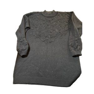 Vintage Jaclyn Smith mock turtleneck sweater embroidered flowers black M